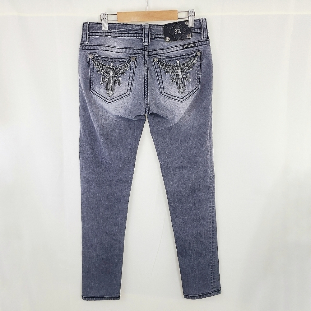 Miss Me gray skinny jeans rhinestone wings pockets Women's size 28